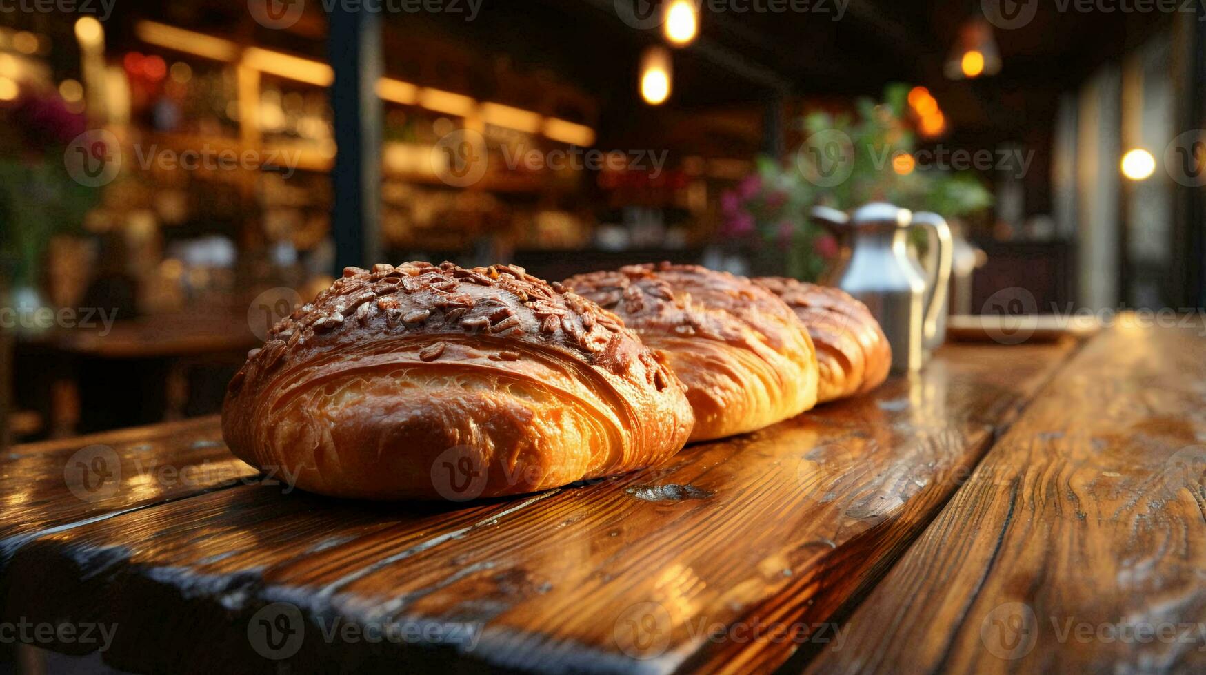 fresco panini pane Pasticcino bugie su il tavolo nel il bar forno selettivo messa a fuoco sfocato sfondo. ai generato foto