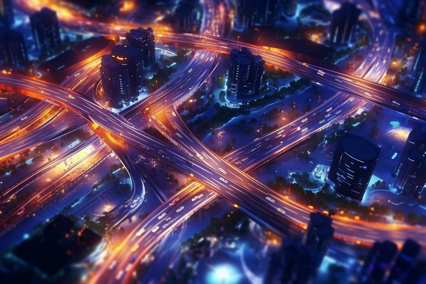 autostrada traffico nel il città a notte. 3d resa. ai generativo foto