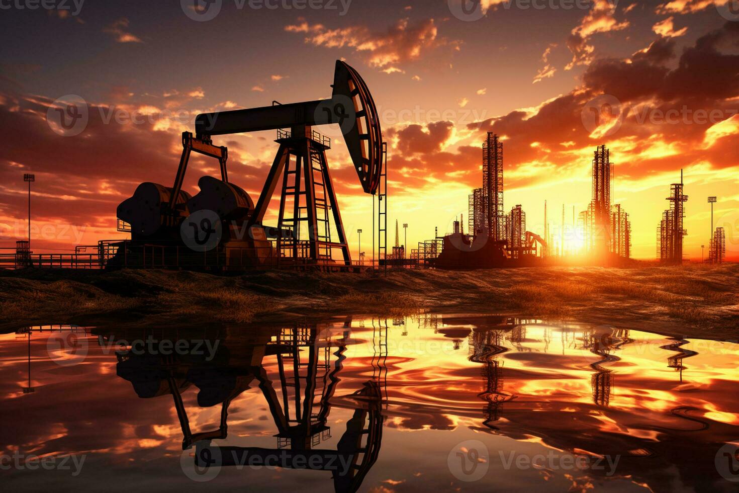 olio pompe nel giacimento petrolifero a tramonto. 3d rendere illustrazione. foto