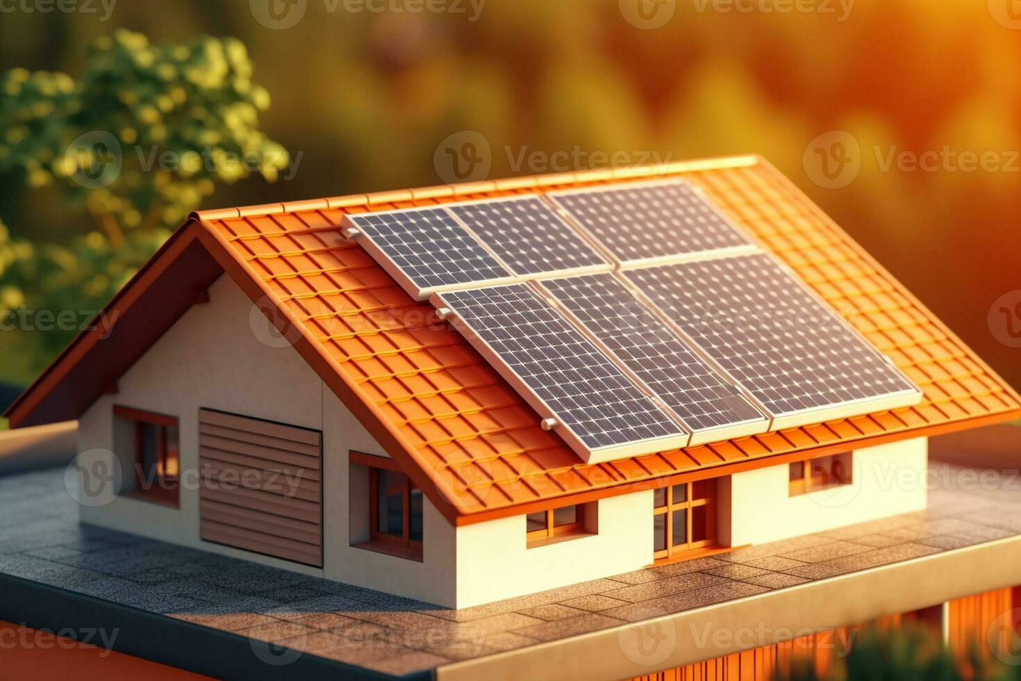 Casa con solare pannelli su il tetto. alternativa energia fonte. 3d illustrazione. ai generato foto