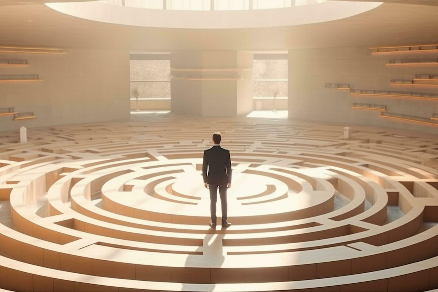 uomo d'affari in piedi nel un' mezzo di un' labirinto. 3d interpretazione ai generato foto