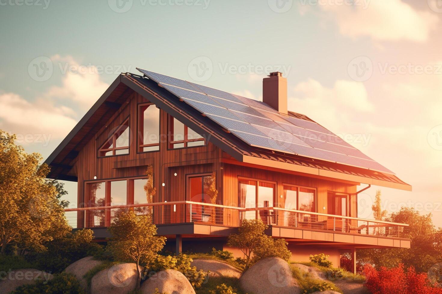 Casa con solare pannelli su il tetto. alternativa energia fonte. 3d illustrazione. ai generato foto