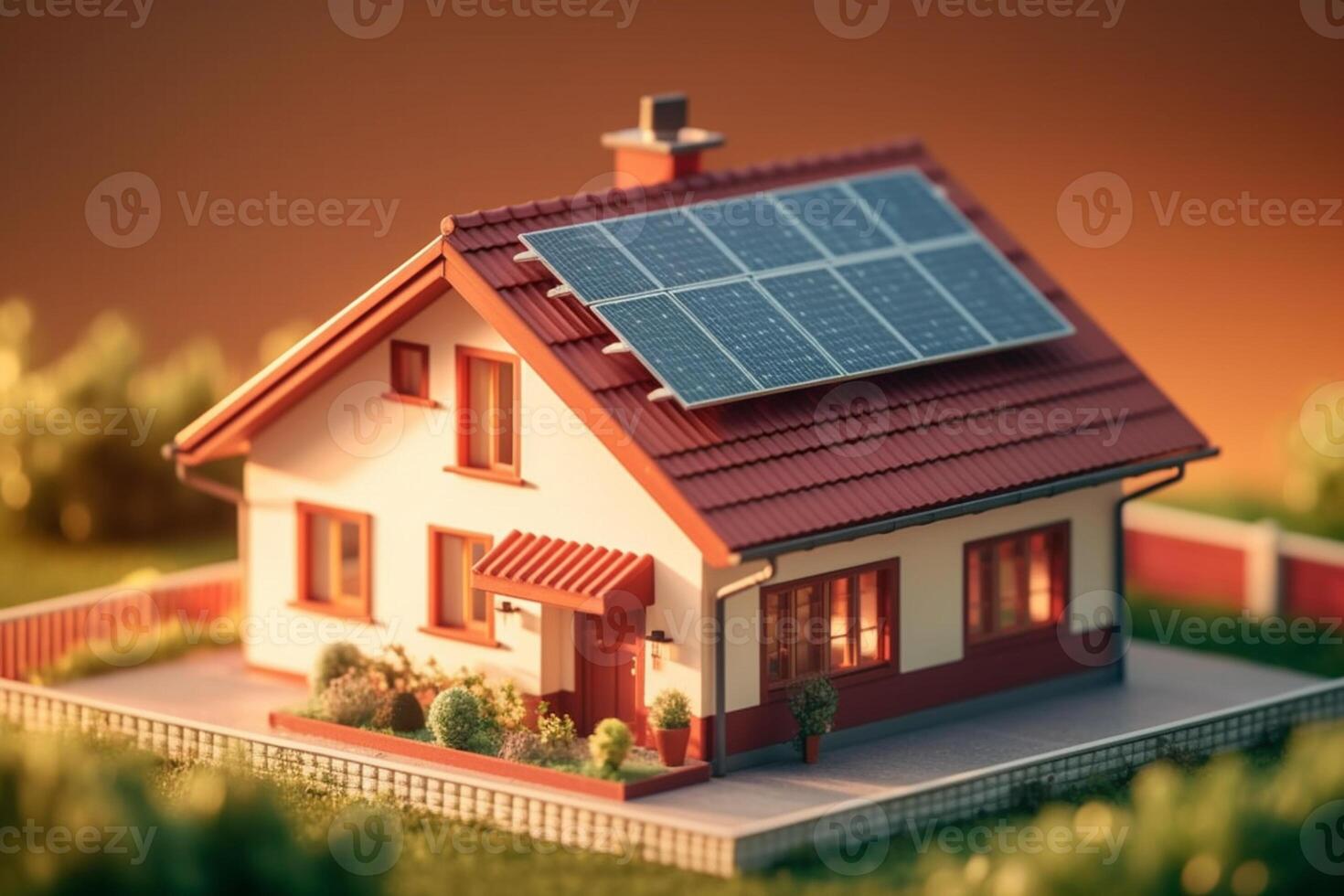 Casa con solare pannelli su il tetto. alternativa energia fonte. 3d illustrazione. ai generato foto