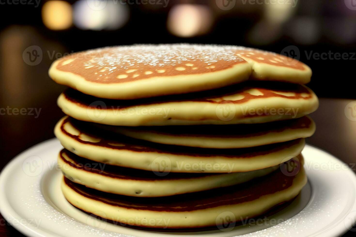 un' pila di Pancakes seduta su superiore di un' bianca piatto. ai generato foto