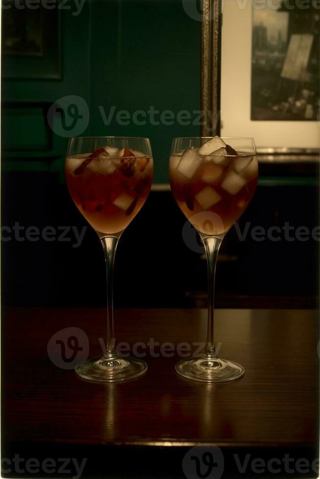 un' coppia di vino bicchieri seduta su superiore di un' di legno tavolo. ai generato foto