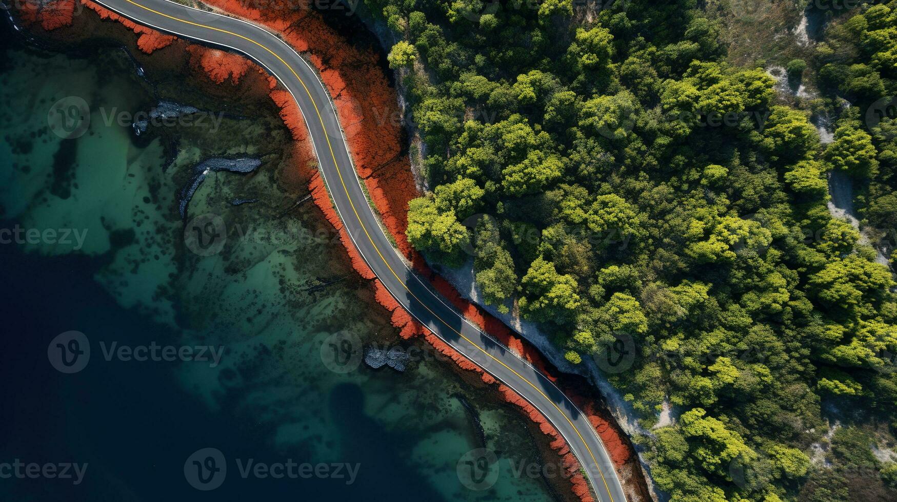 generativo ai, aereo Visualizza di curvo asfalto strada vicino il oceano o mare, costa foto