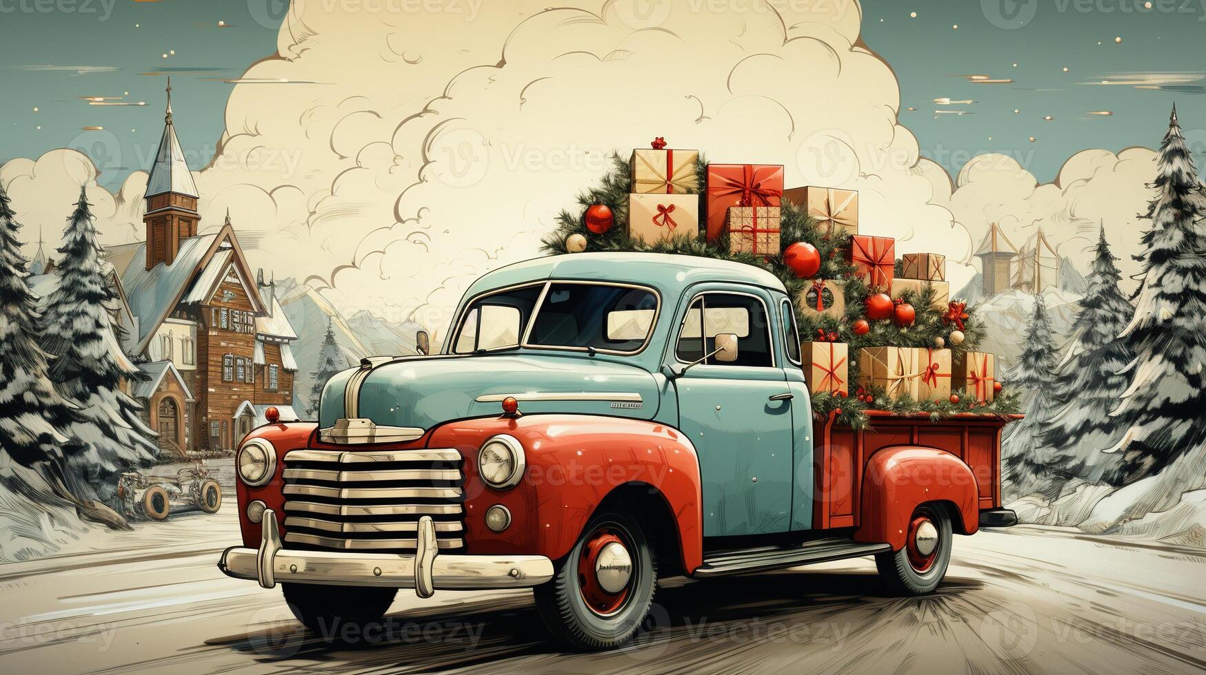 generativo ai, Vintage ▾ Natale auto con molti i regali, blu e rosso colori. saluto natale carta, inverno vacanze foto