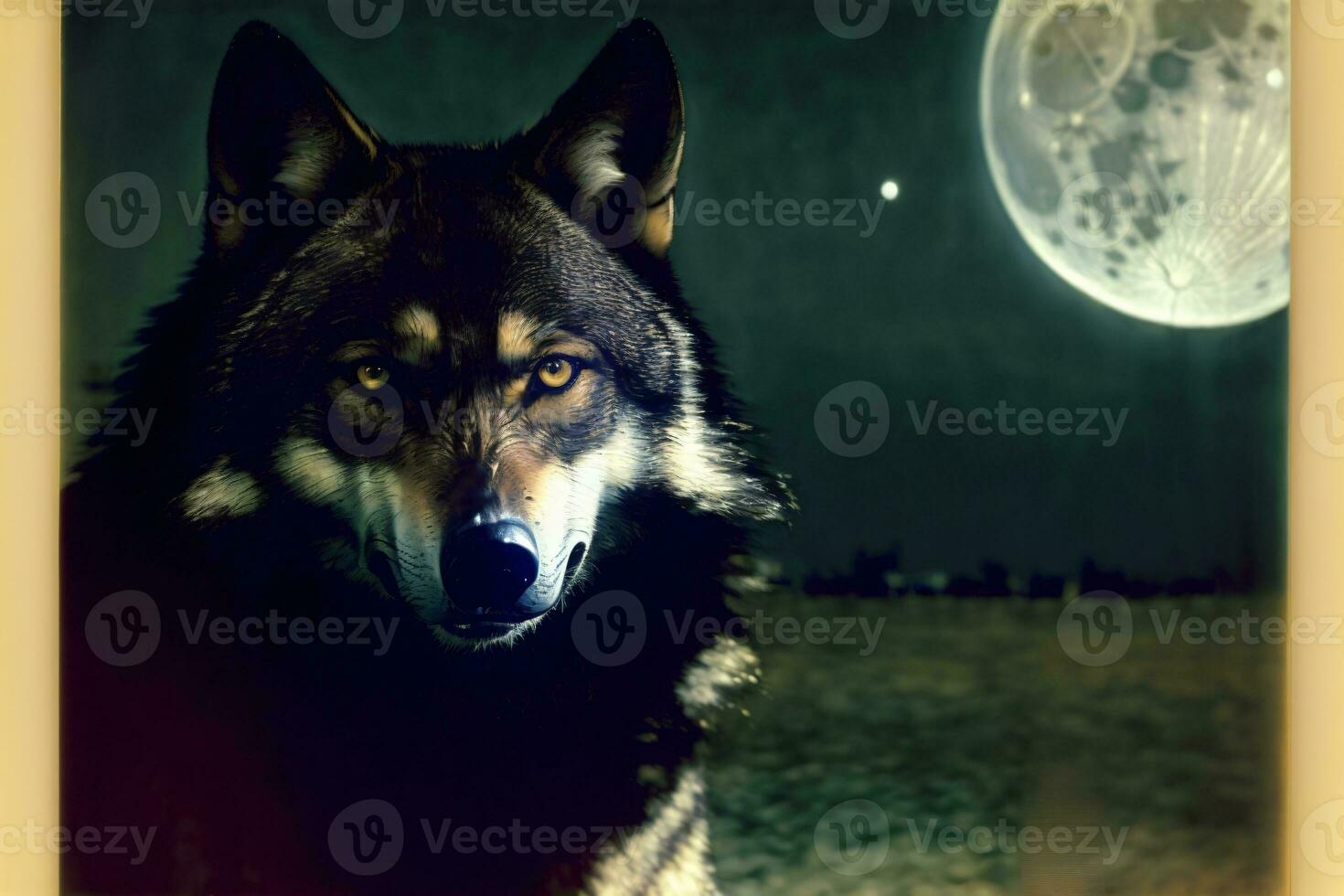 un' lupo fissando a il telecamera con un' pieno Luna nel il sfondo. ai generato foto