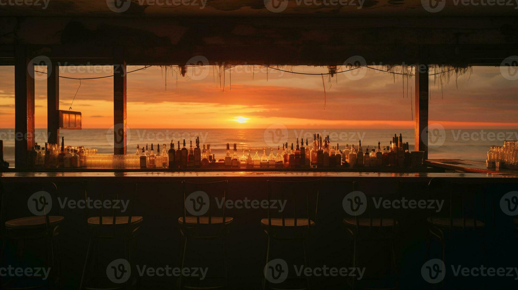 generativo ai, estate tramonto spiaggia bar sfondo. all'aperto ristorante, guidato leggero candele e di legno tavoli, sedie sotto bellissimo tramonto cielo, mare Visualizza. foto