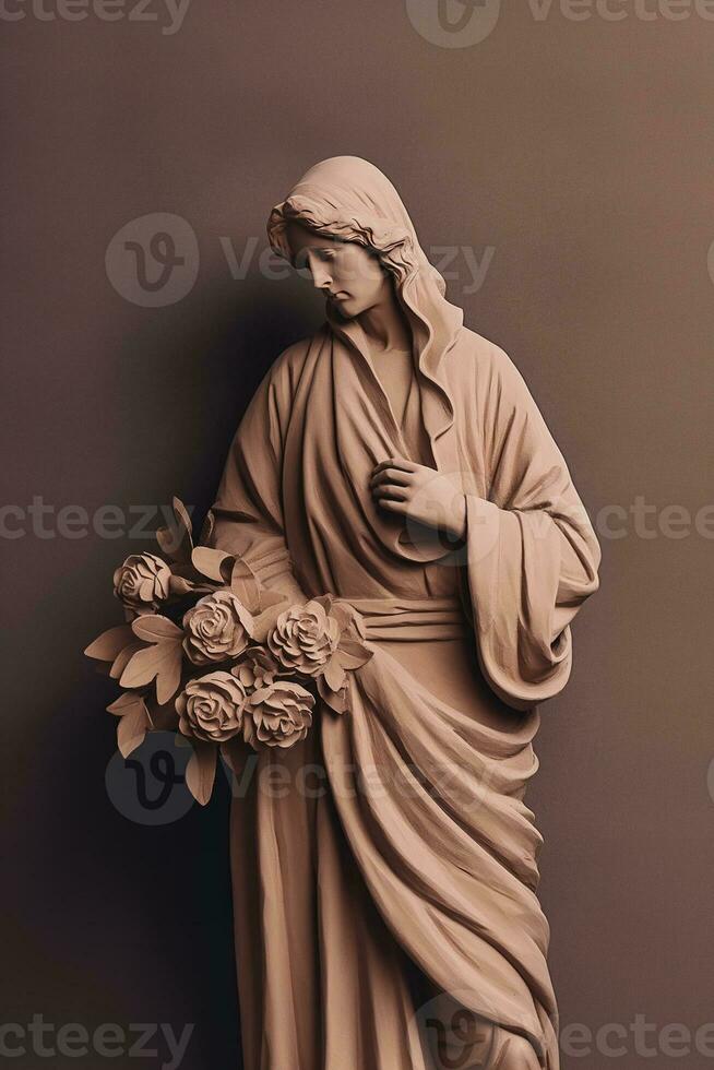 generativo ai, fotorealistico antico scultura e fiori, smorzato neutro colori, 3d stile ceramica statua foto