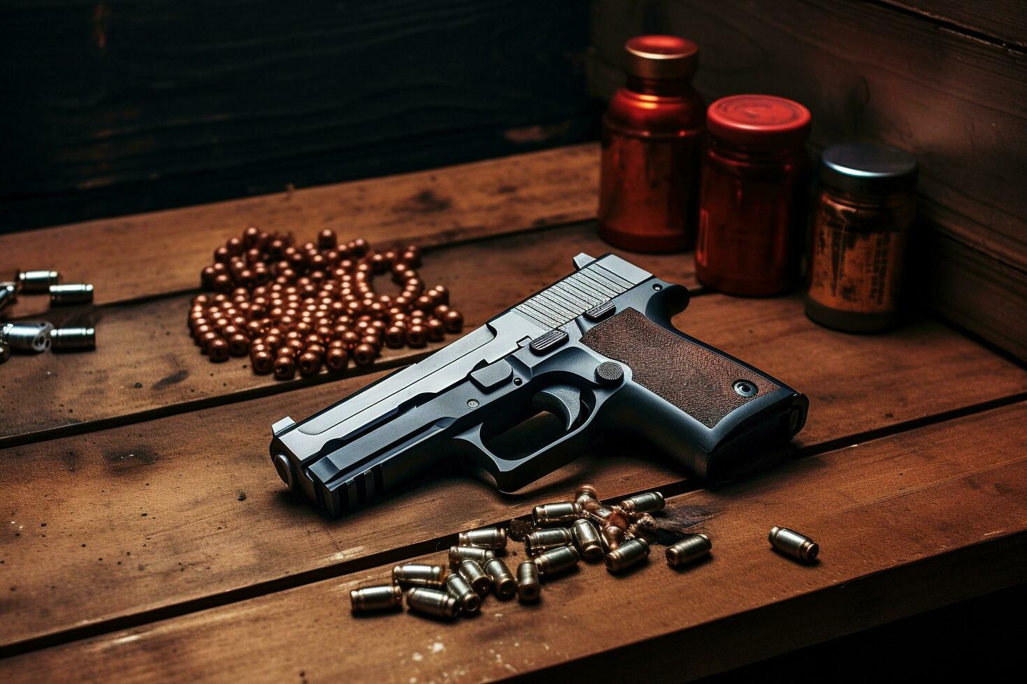 generativo ai, rivoltella pistola con proiettili isolato su di legno sfondo, mano pistola con munizioni, pistola militare arma foto