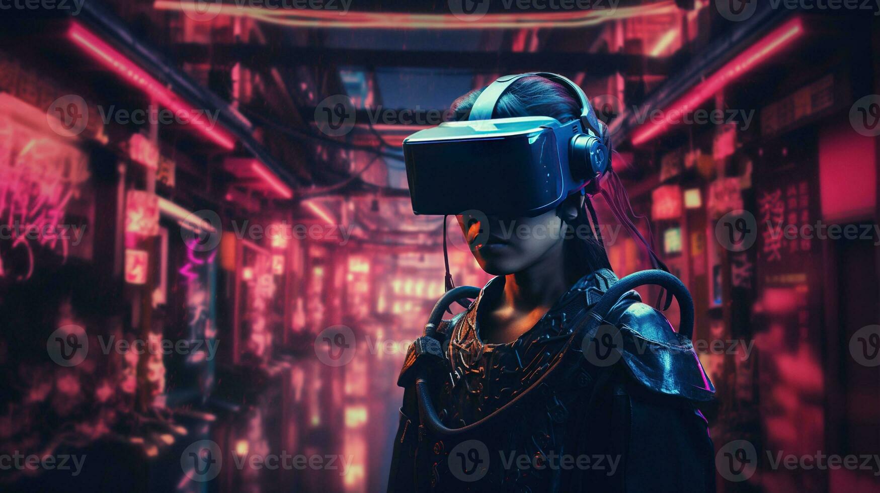 generativo ai, bellissimo asiatico persona nel samurai completo da uomo nel vr bicchieri nel neon spazio strada, virtuale la realtà cuffia nel cyberspazio foto