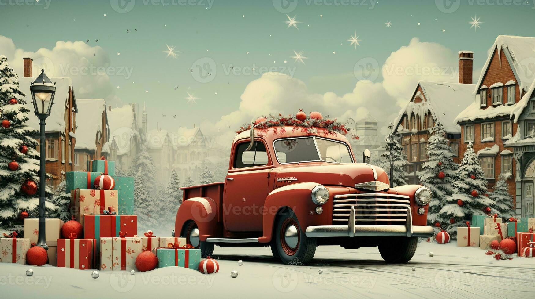 generativo ai, Vintage ▾ Natale auto con molti i regali, blu e rosso colori. saluto natale carta, inverno vacanze foto