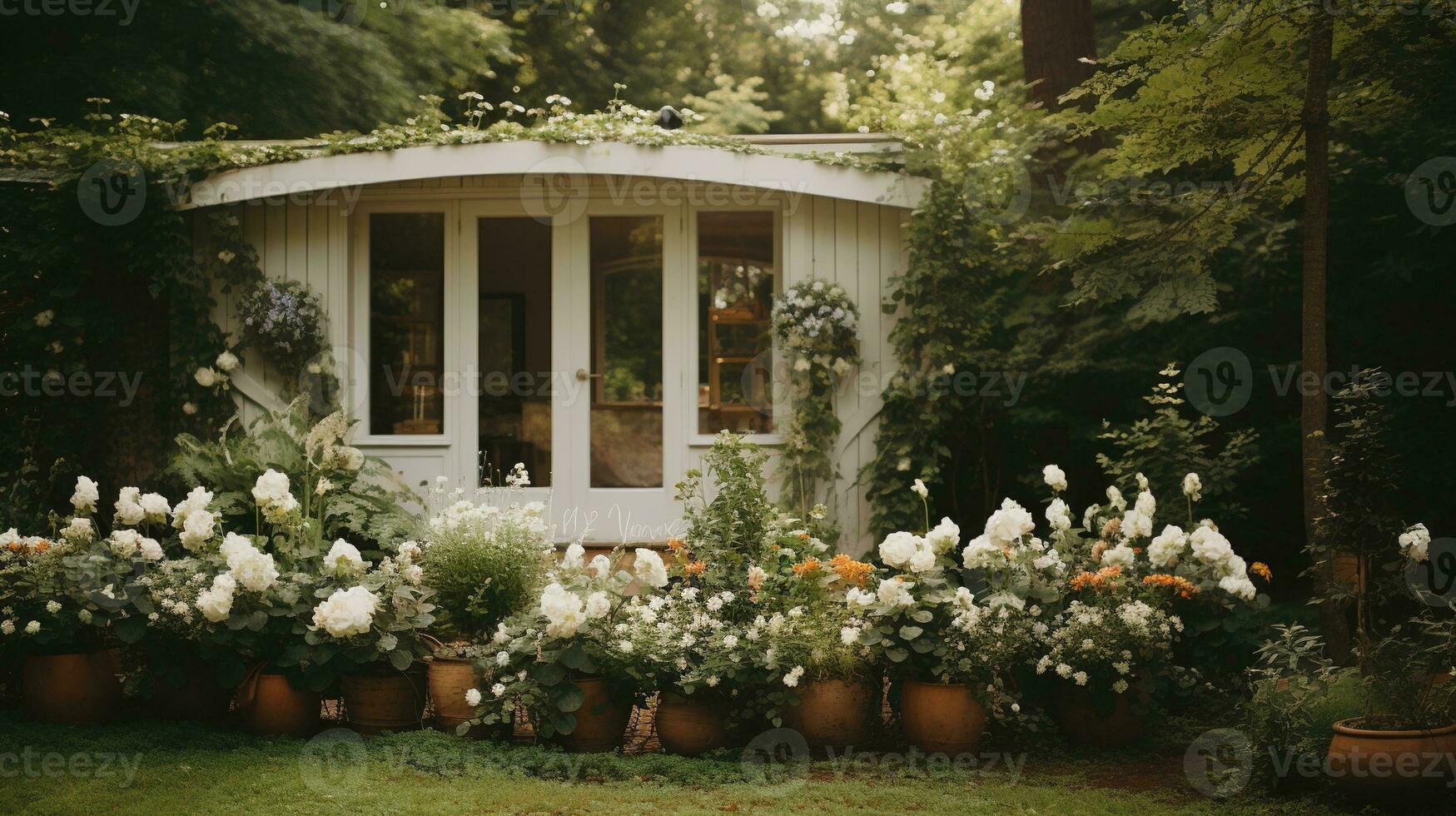 generativo ai, bellissimo estetico privato giardino con molti fiori e impianti, natura paesaggio, smorzato neutro colori foto