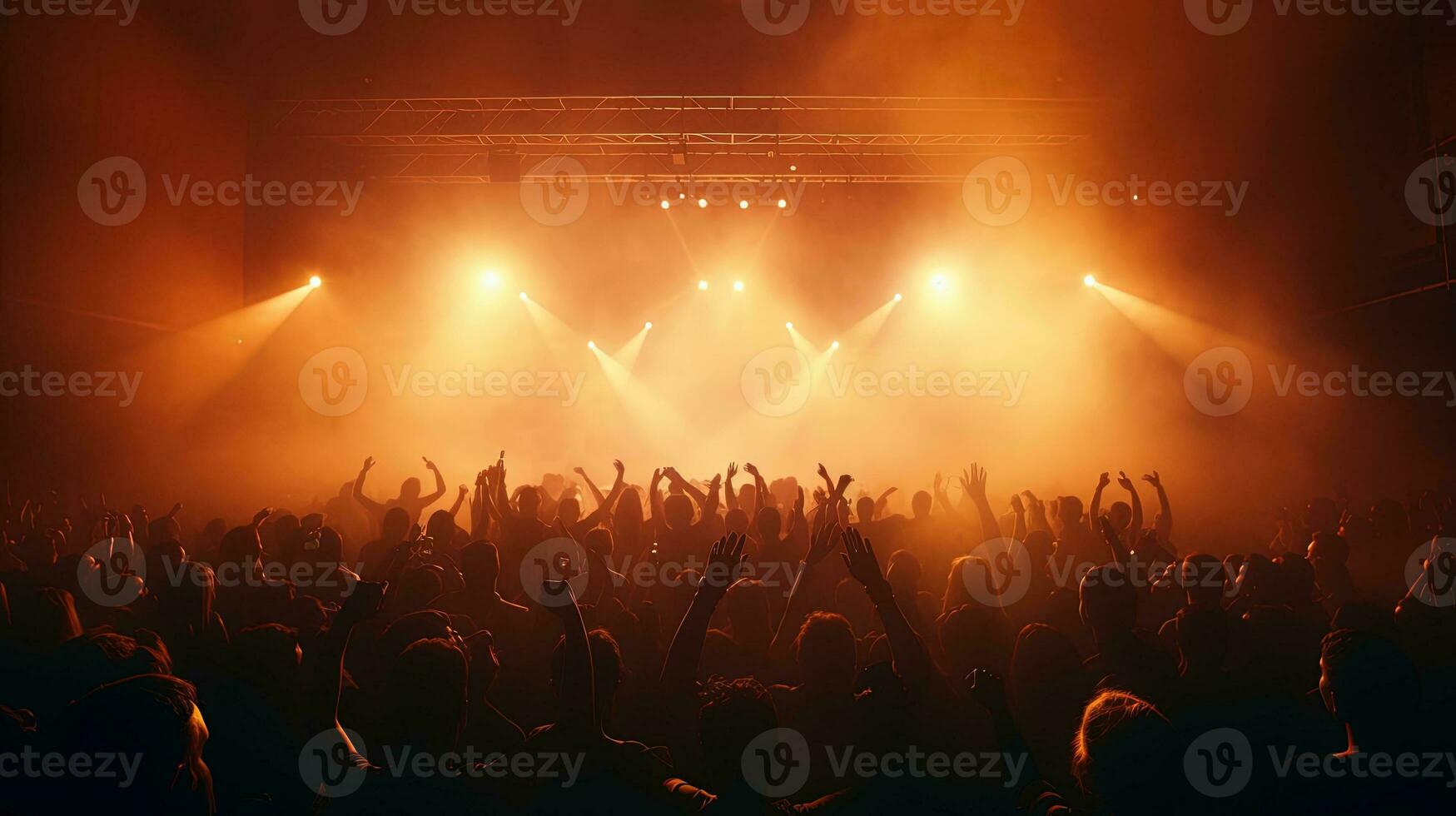 generativo ai, persone folla su musica roccia Festival concerto nel stadio, grande palcoscenico illuminato di faretti. foto