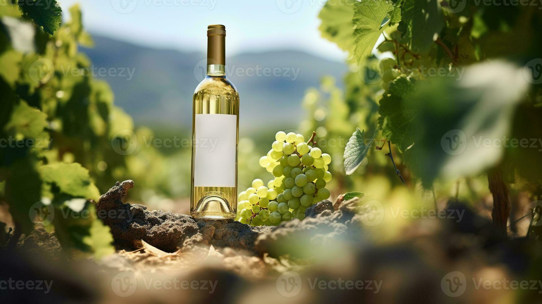 generativo ai, bianca vino bottiglia finto su su vigneto paesaggio nel il luce del sole, far fronte spazio e posto per logo foto
