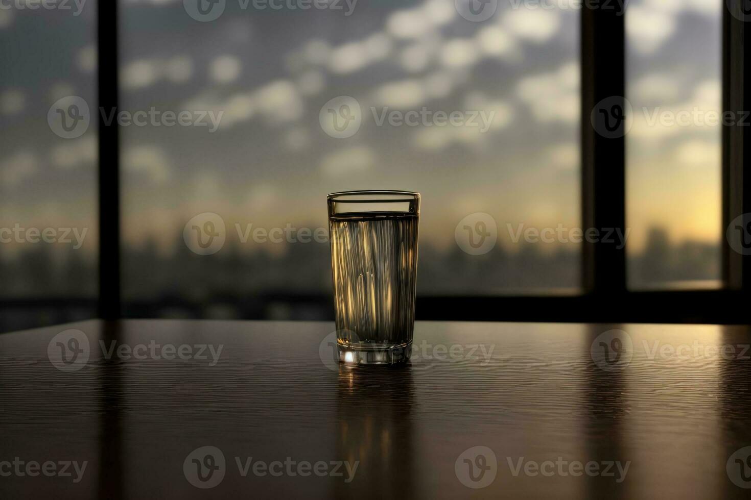 un' bicchiere di acqua seduta su superiore di un' di legno tavolo. ai generato foto