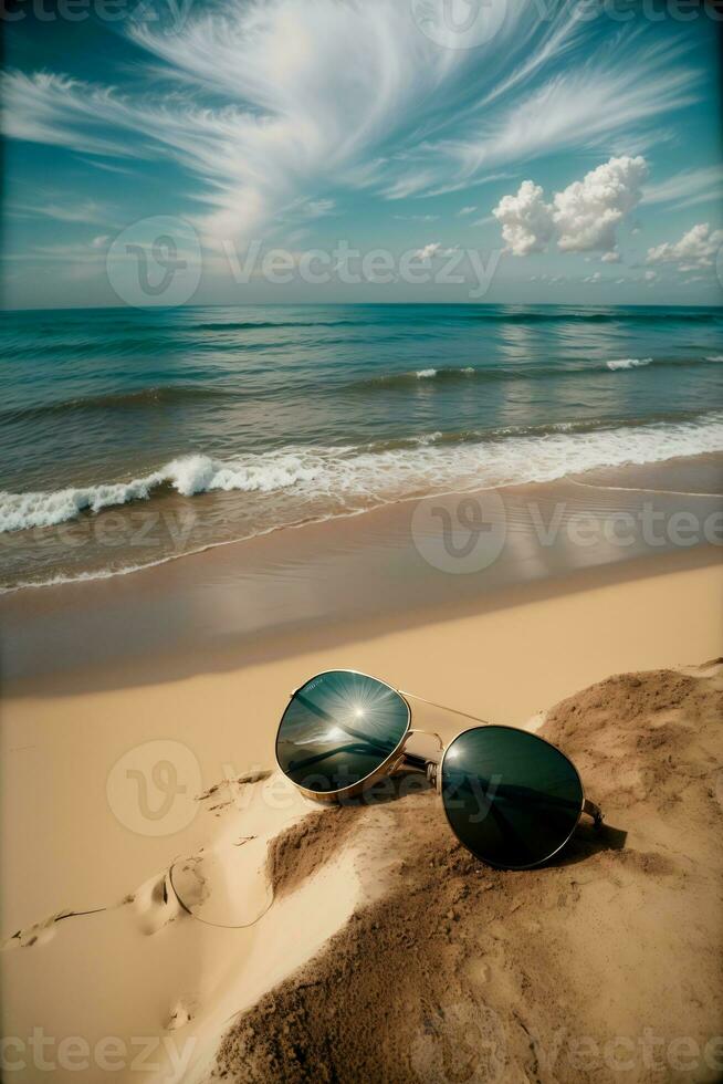 un' paio di occhiali da sole seduta su superiore di un' sabbioso spiaggia. ai generato foto