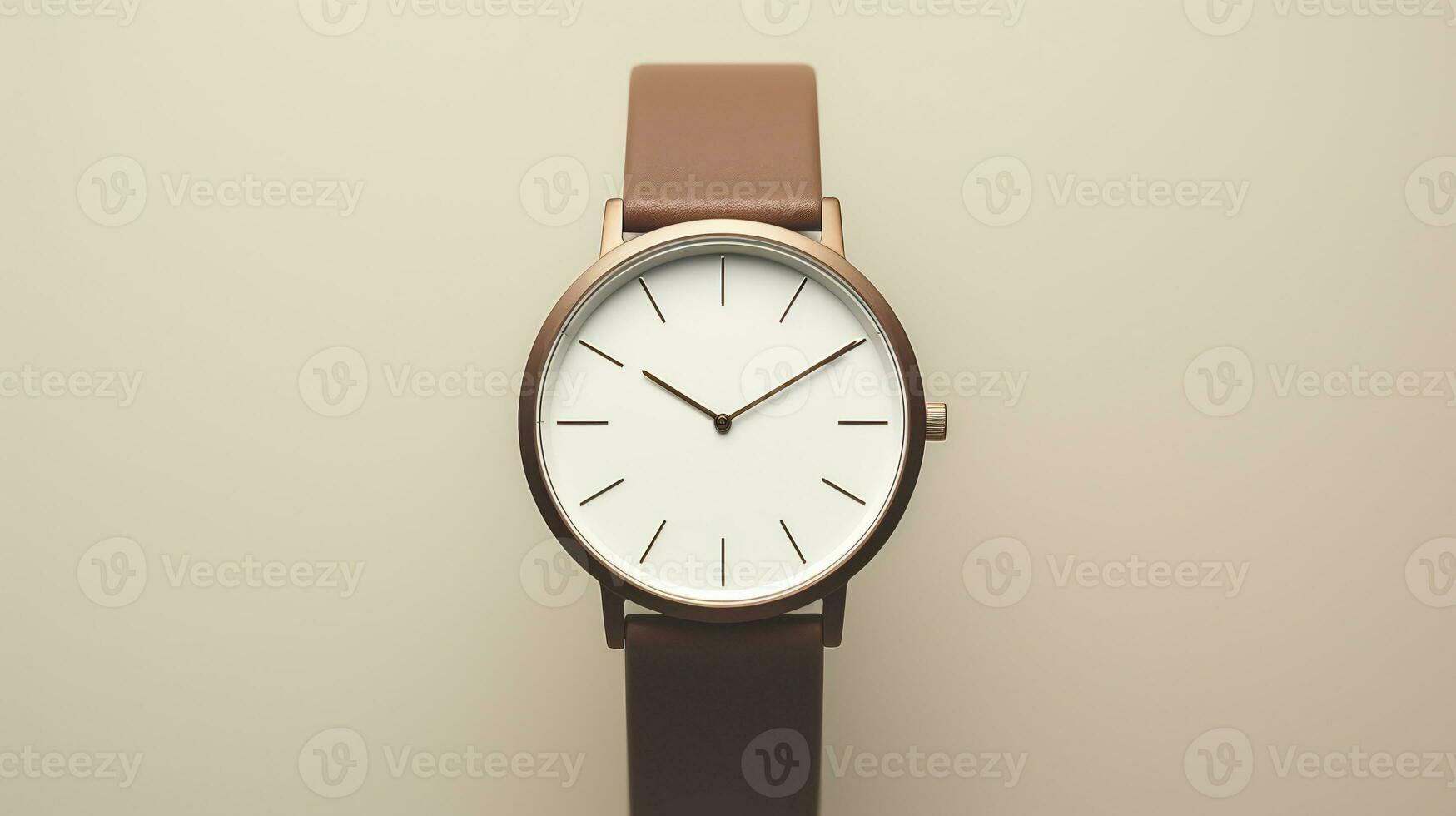 un' bianca orologio con Marrone pelle cinghia su un' beige sfondo ai generativo foto