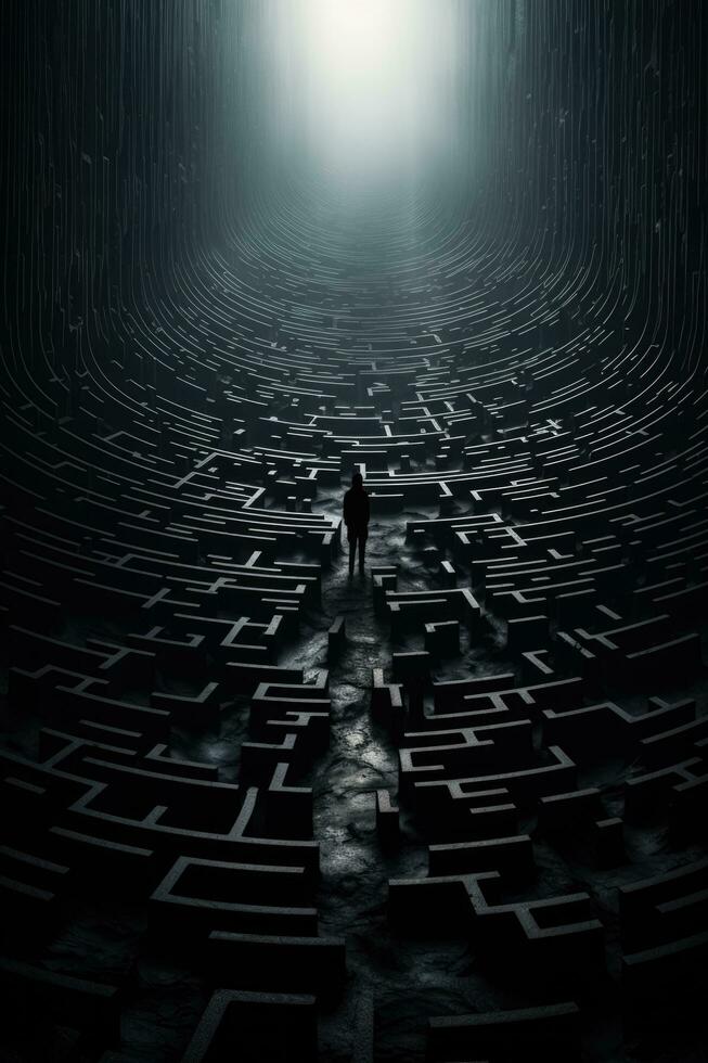 un' labirinto fusione con un' ombroso figura che rappresentano sconcertante sognare sequenze foto