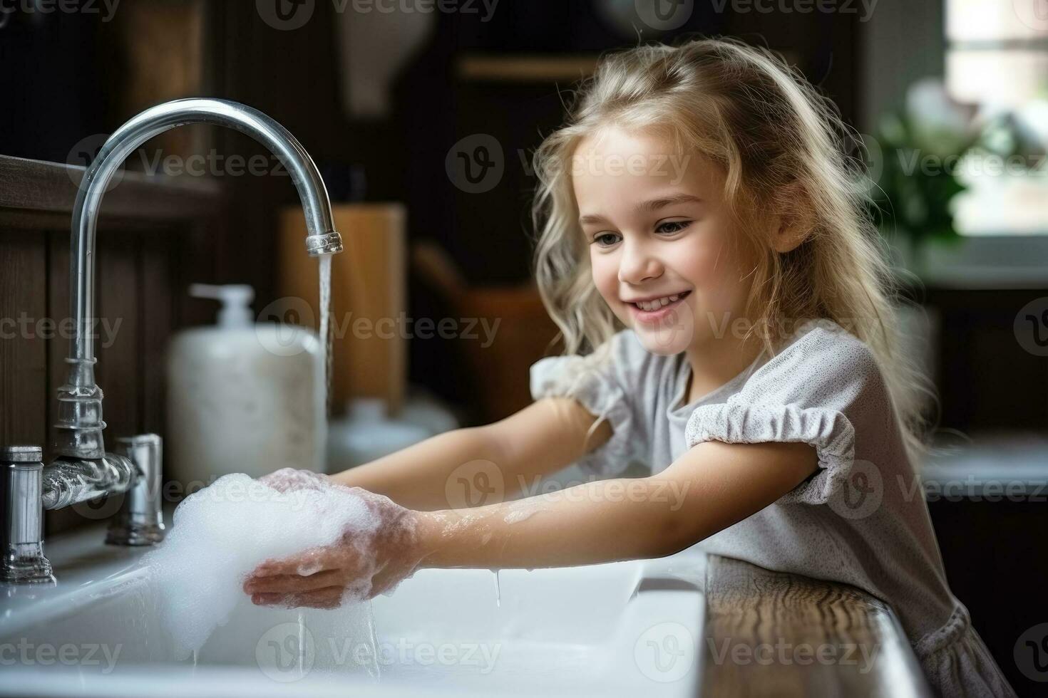 ragazza lavaggi il suo mani con sapone e acqua foto