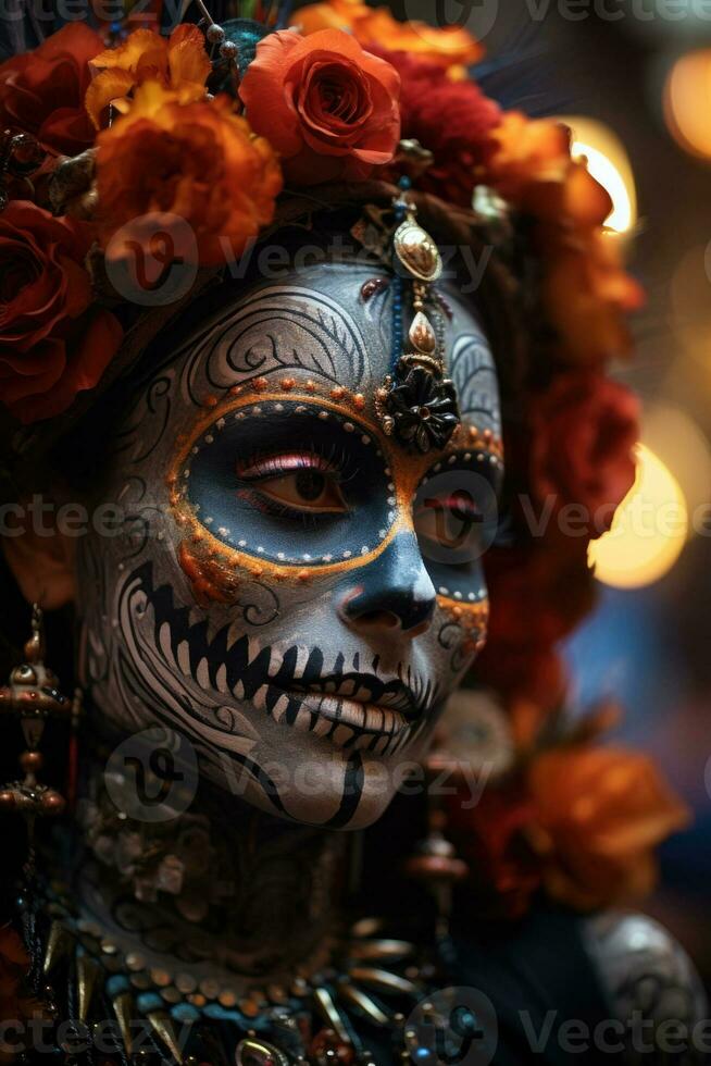 abbagliante Schermo di scheletro a tema viso dipinti a un' gioioso giorno di il morto celebrazione foto