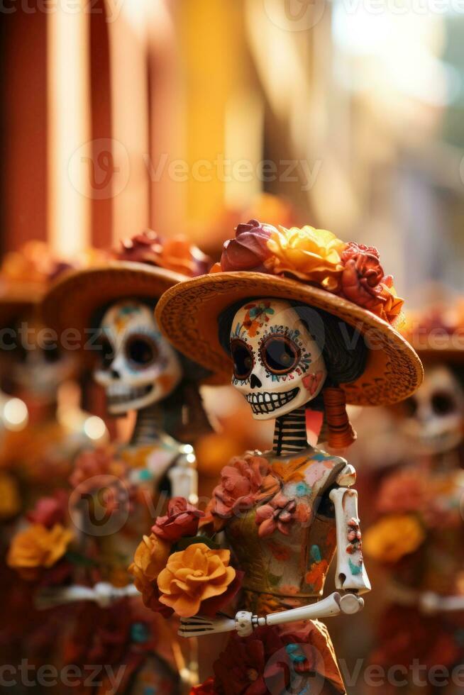 catrinas processione nel tradizionale abbigliamento durante giorno di il morto sfondo con vuoto spazio per testo foto