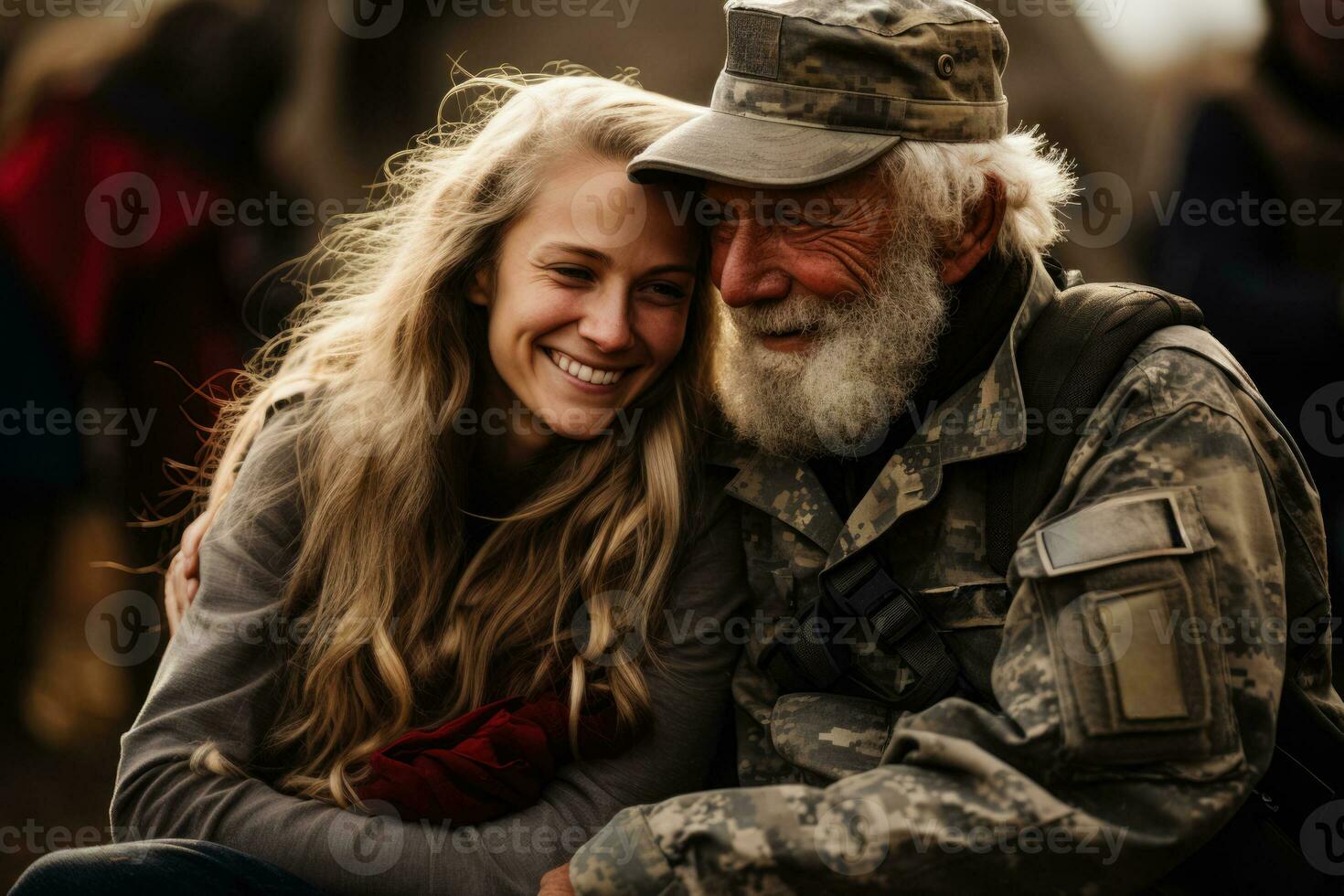 tenero momenti catturato come veterani abbraccio loro famiglia membri durante veterani giorno riunione foto