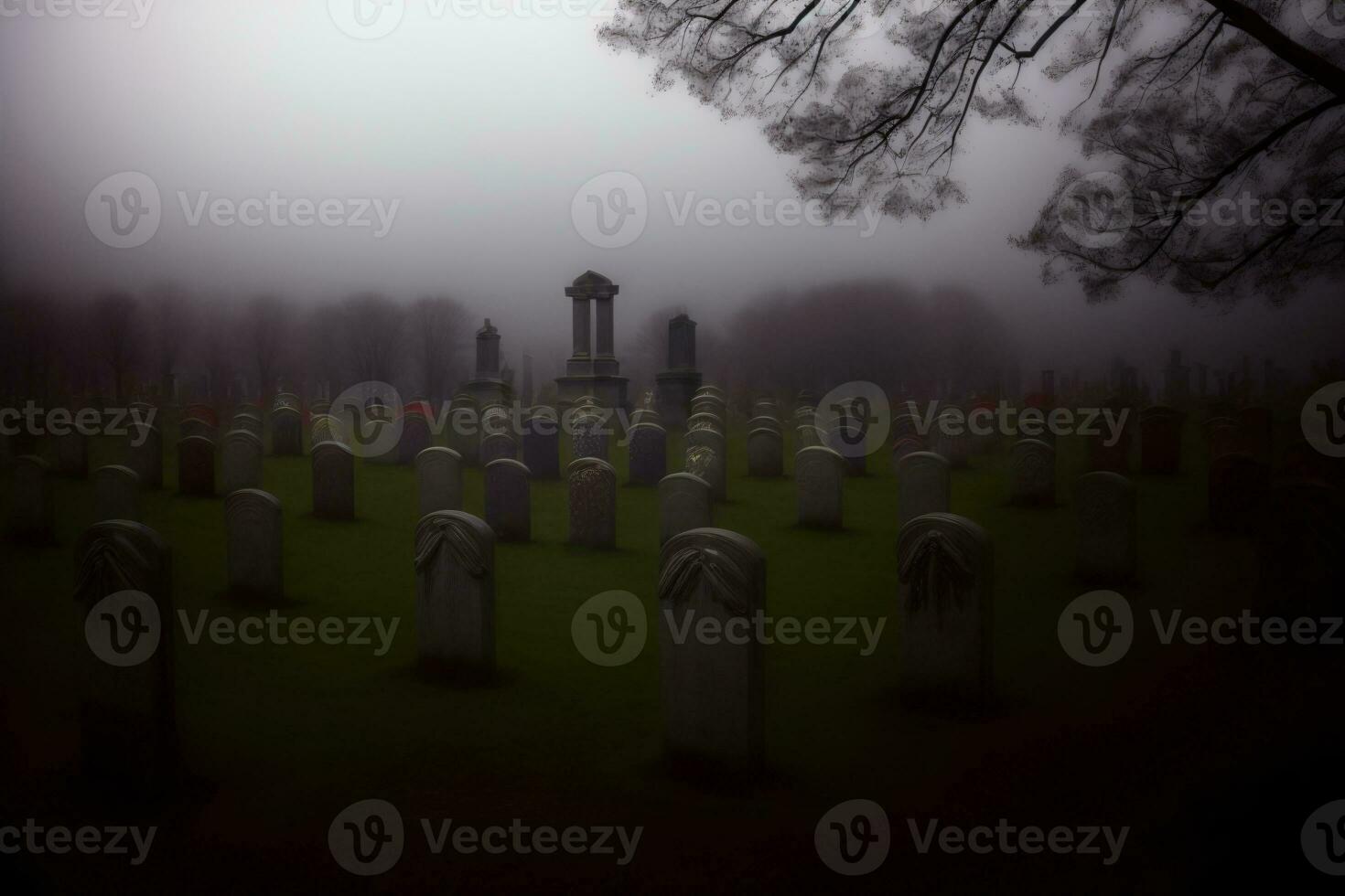 un' cimitero su un' nebbioso giorno con tombe nel il primo piano. ai generato foto