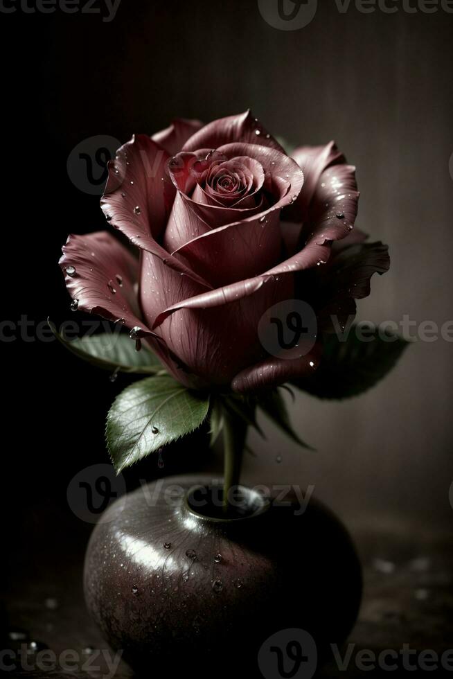 un' rosa quello è seduta nel un' vaso. ai generato foto