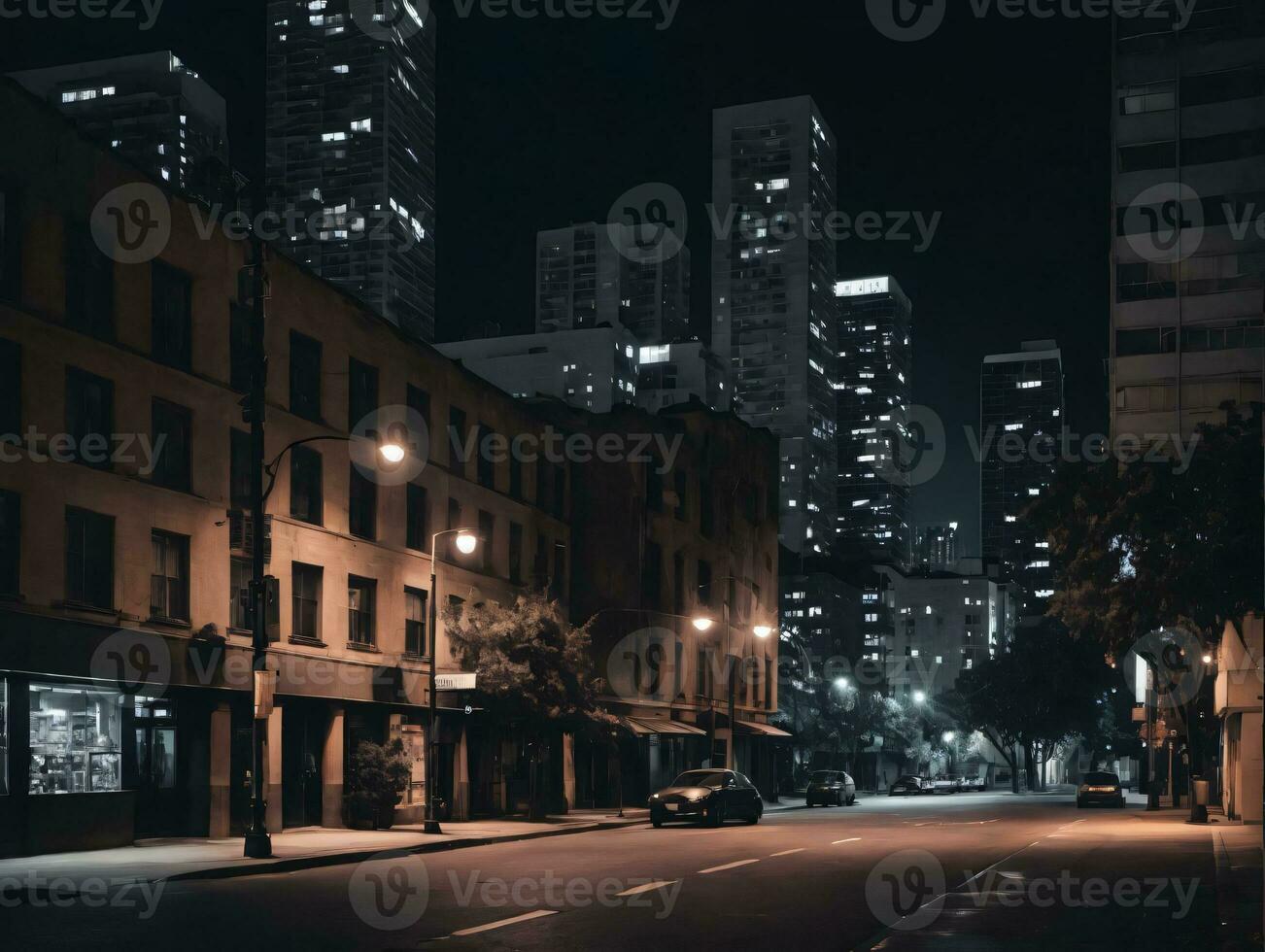 un' città strada a notte con alto edifici. ai generato foto