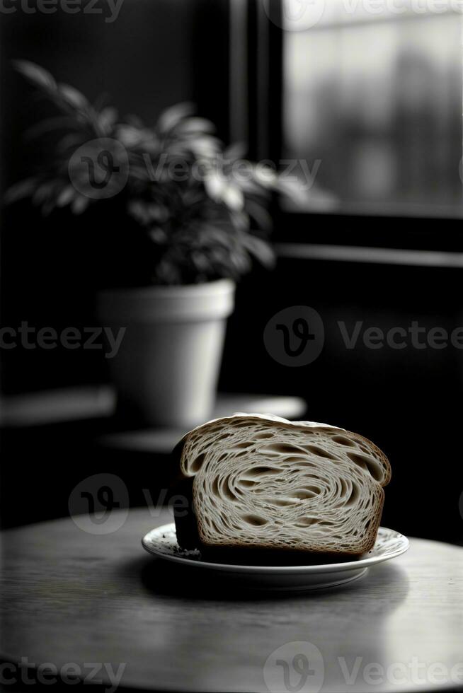 un' pezzo di pane seduta su superiore di un' bianca piatto. ai generato foto
