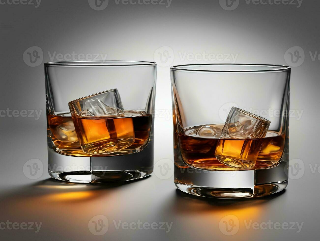 Due bicchieri di whisky con ghiaccio cubi nel loro. ai generato foto