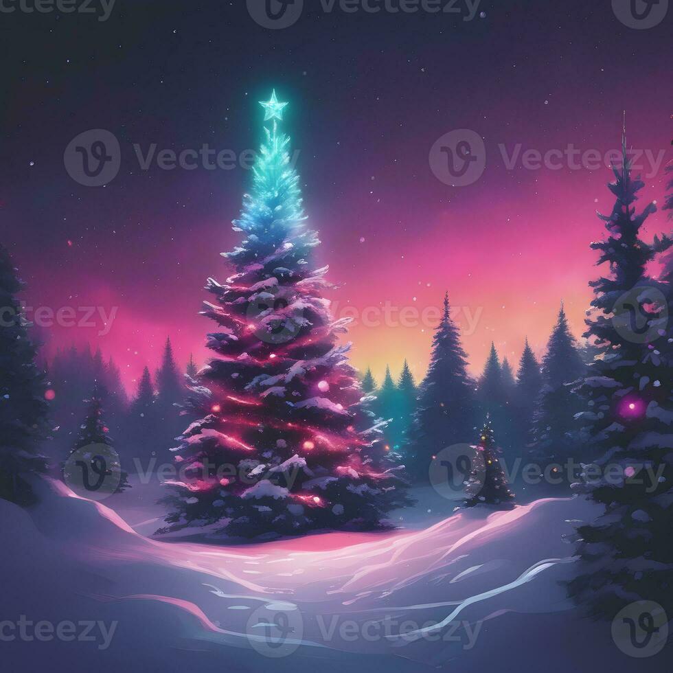 magico Natale albero nel il foresta con luminosa luci foto