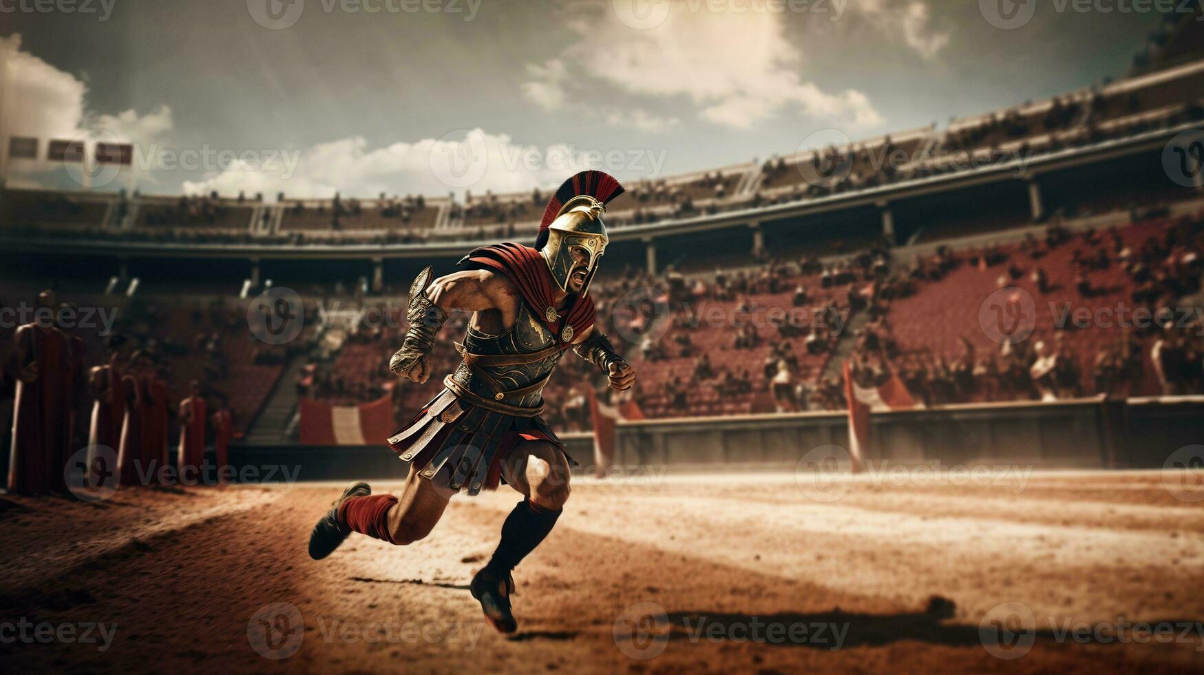 generativo ai, realistico illustrazione di un' feroce Gladiatore attaccare, in esecuzione. blindato romano Gladiatore nel combattere maneggiando un' spada ricarica in direzione il suo nemico. foto