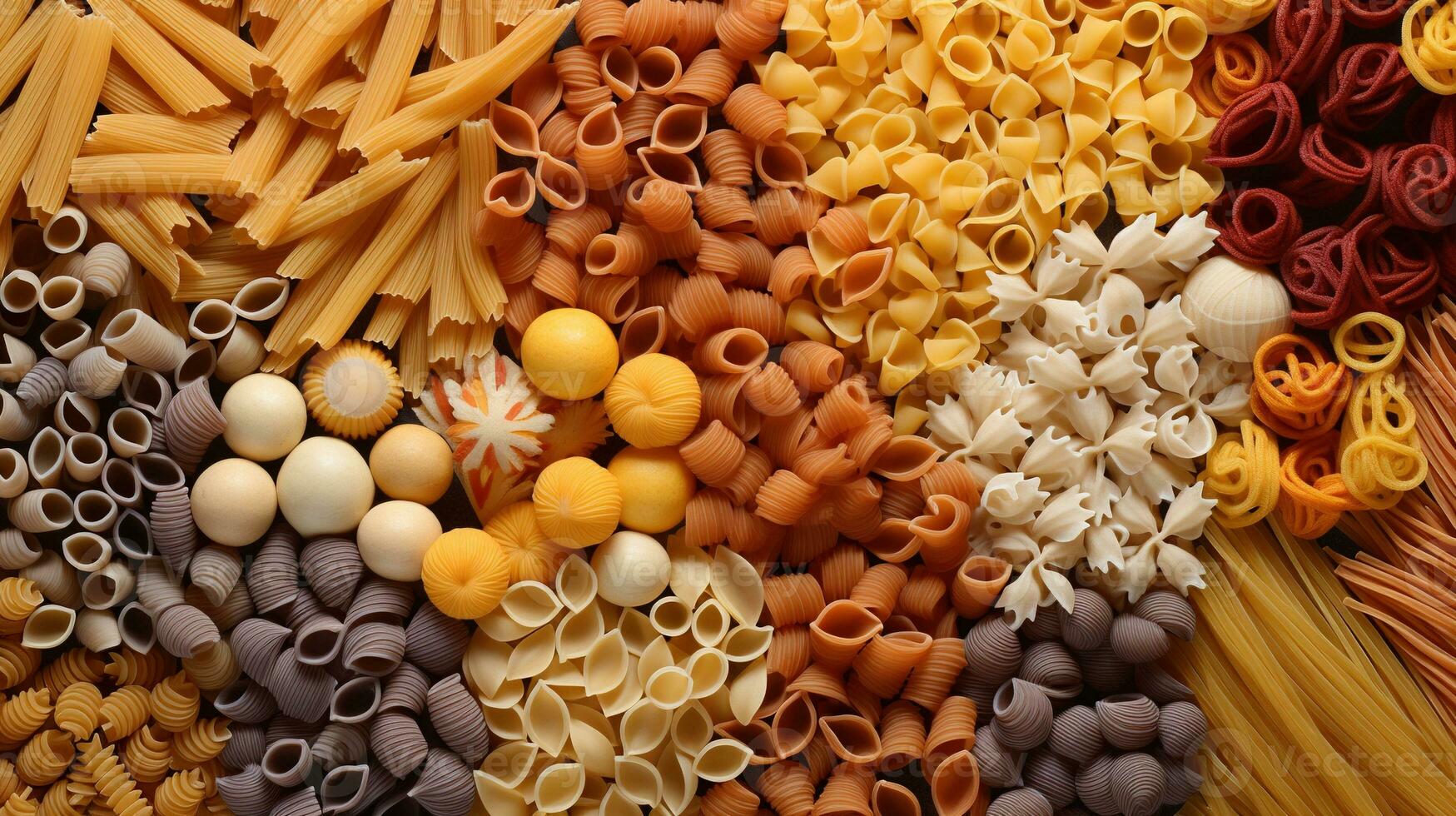 generativo ai, varietà di tipi, colori e forme di italiano pasta, struttura sfondo foto