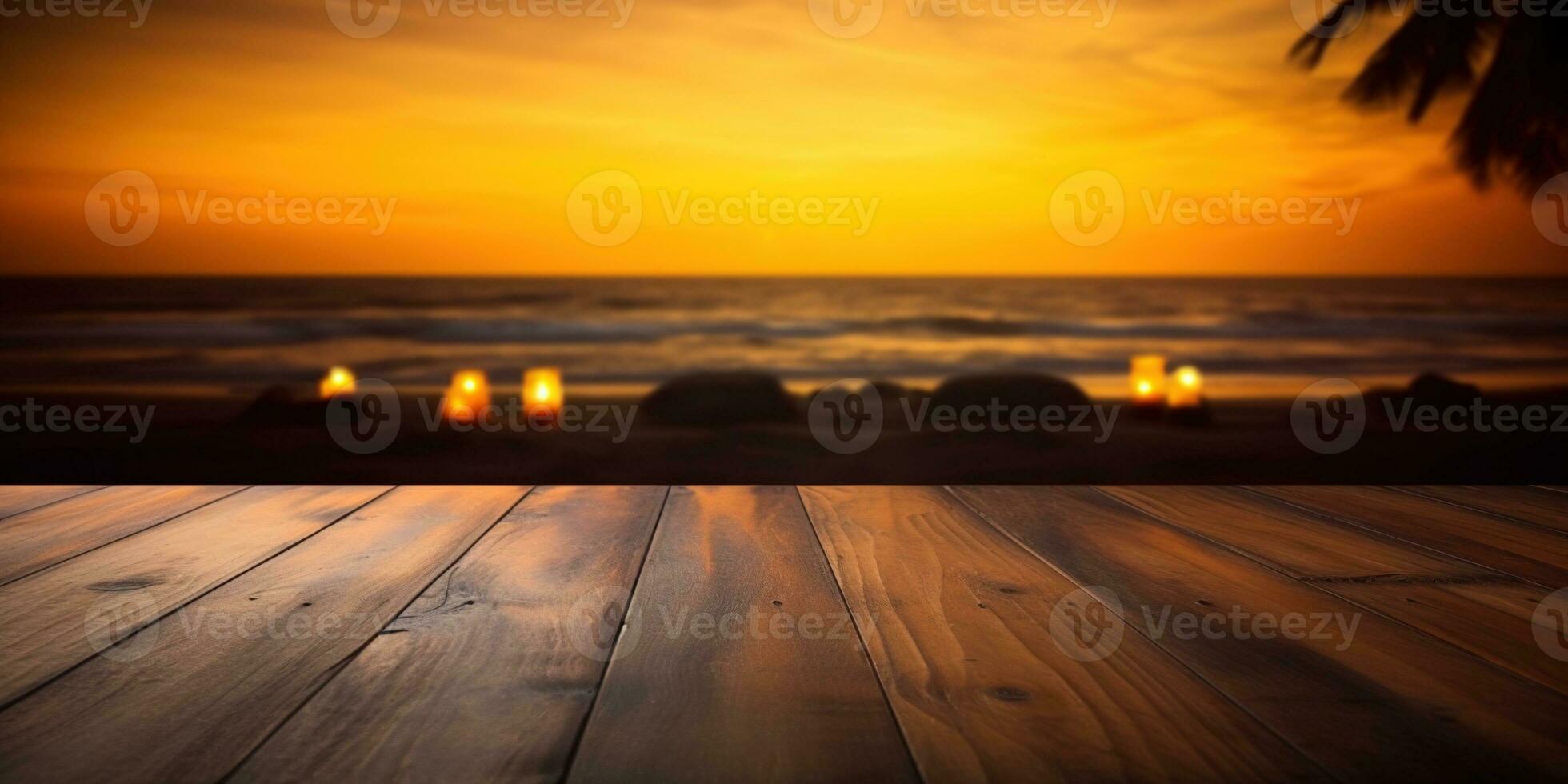 generativo ai, tropicale estate tramonto spiaggia bar sfondo. di legno tavolo superiore Prodotto Schermo vetrina vuoto palcoscenico. foto