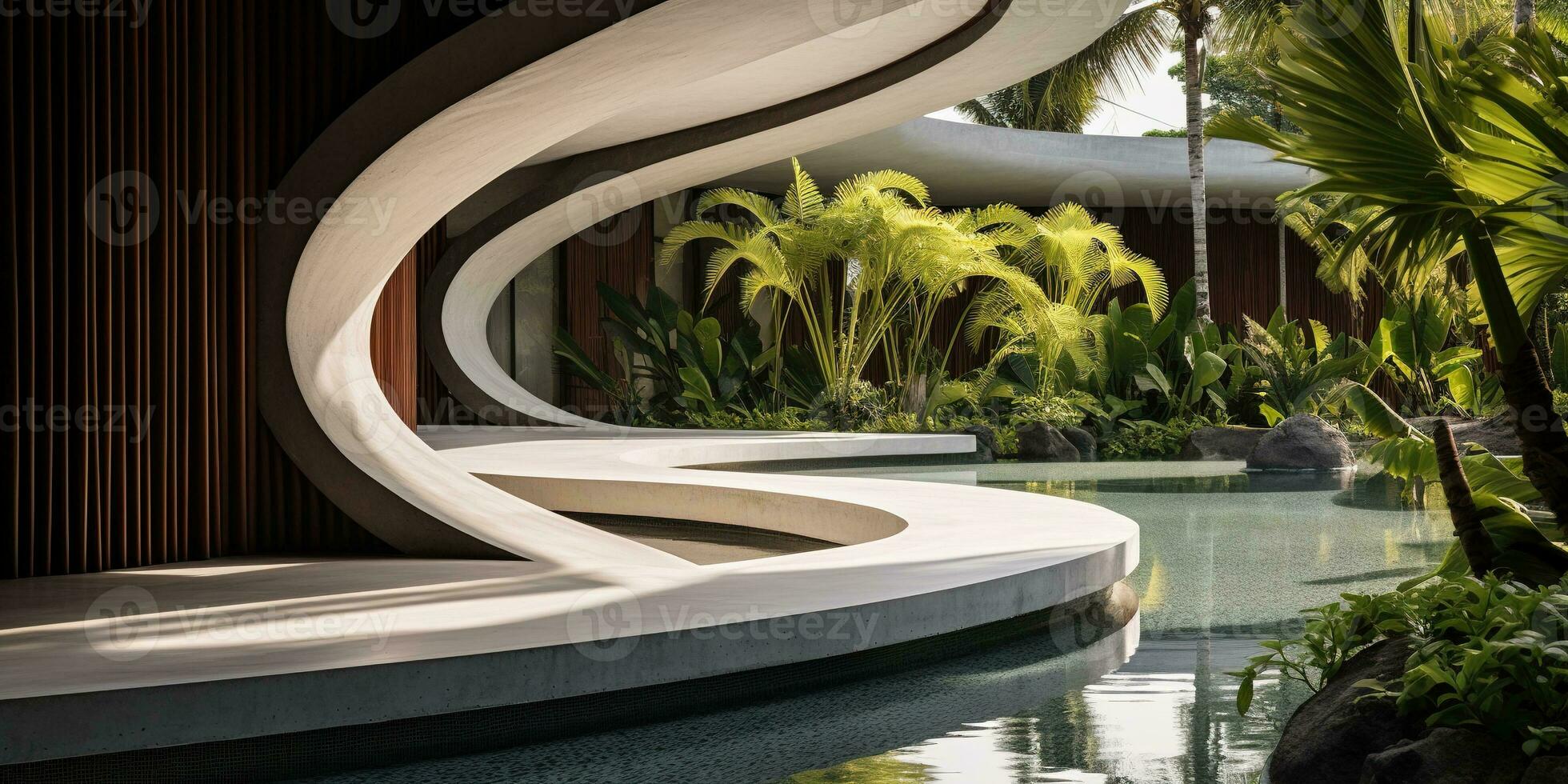 generativo ai, moderno lusso Casa con lussureggiante tropicale giardino. villa, Hotel ricorrere, architettonico fotografia nel il stile di futuristico curve foto