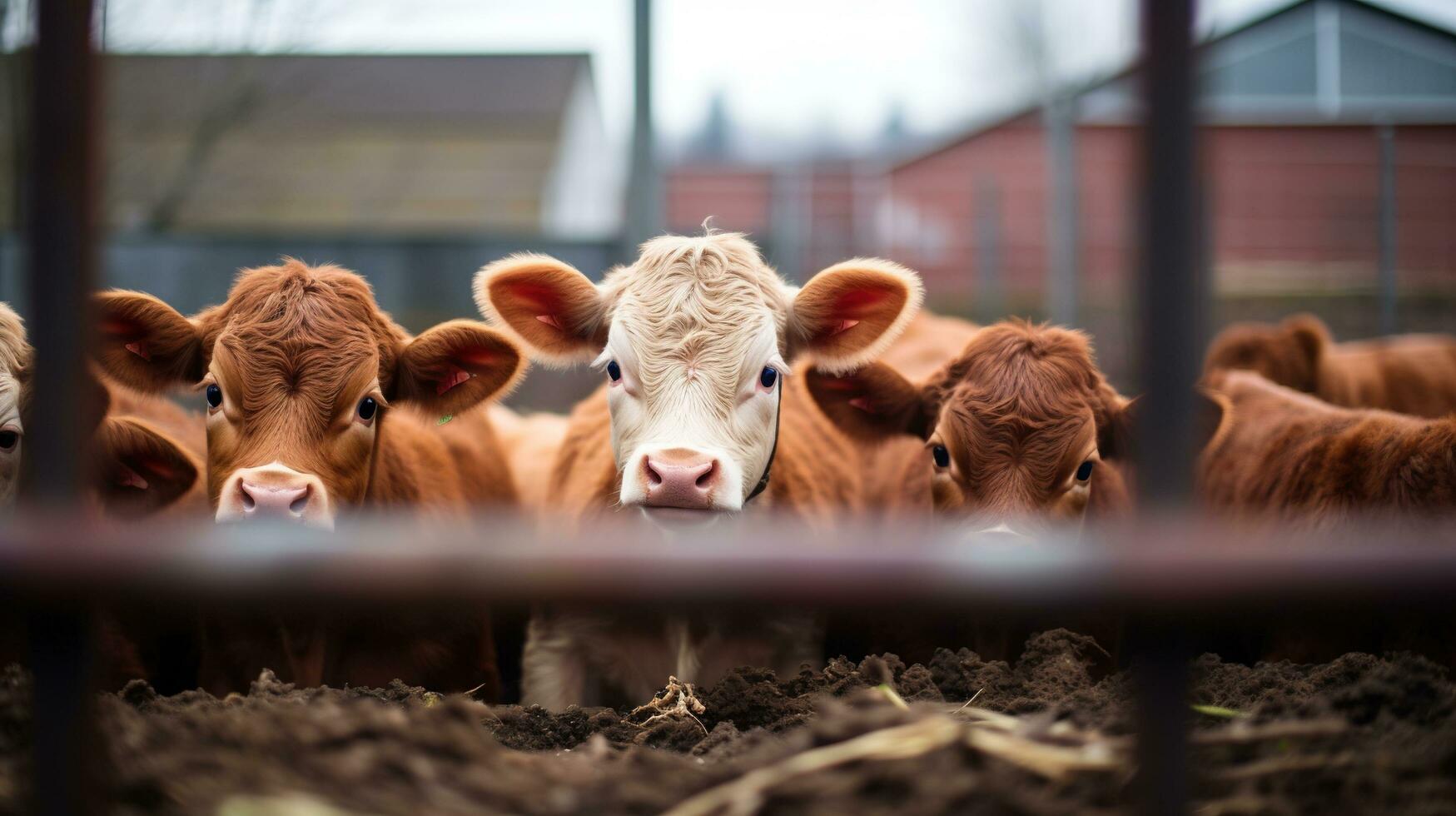 generativo ai, poco vitelli guardare a il telecamera su un' azienda agricola, bambino mucche foto