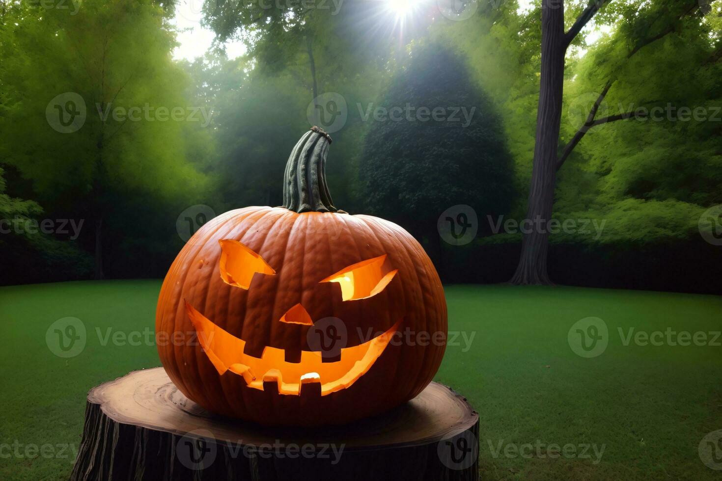 un' lavorato zucca seduta su superiore di un' albero ceppo. ai generato foto