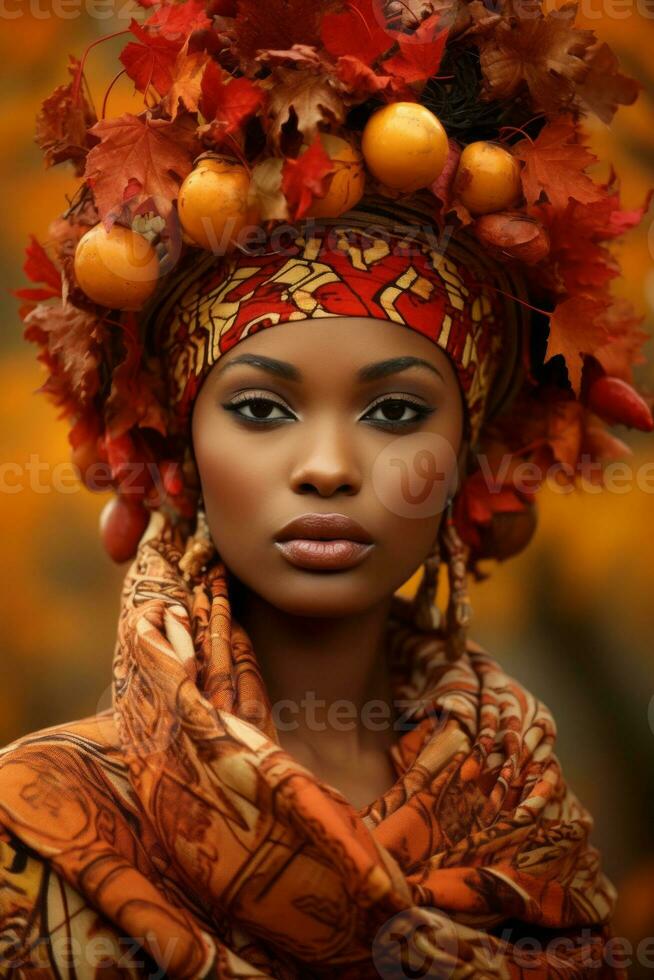 foto di emotivo dinamico posa africano donna nel autunno ai generativo