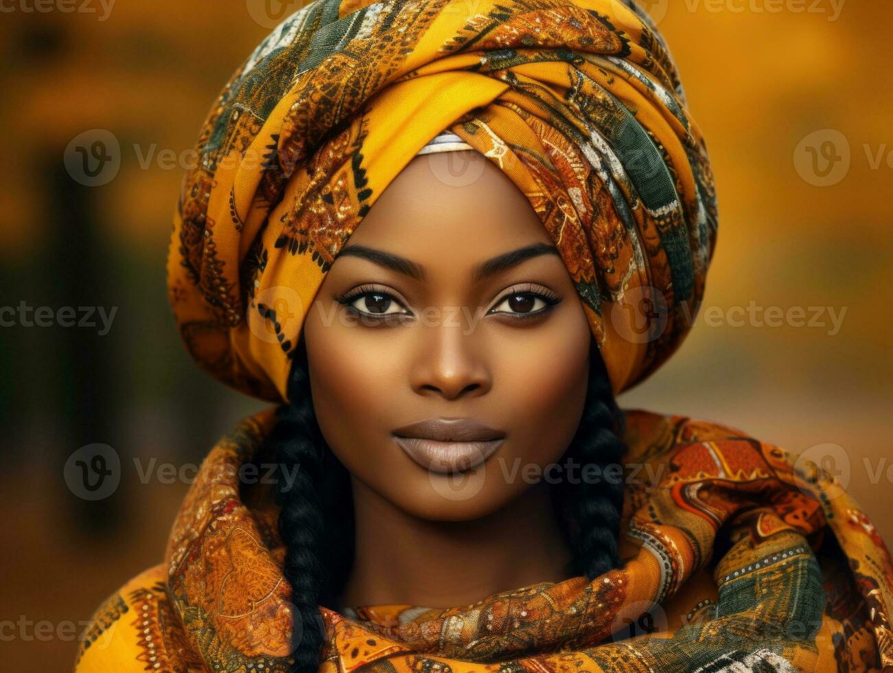 foto di emotivo dinamico posa africano donna nel autunno ai generativo