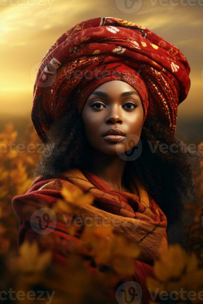 foto di emotivo dinamico posa africano donna nel autunno ai generativo