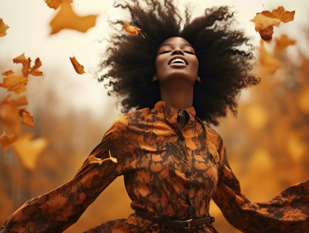 foto di emotivo dinamico posa africano donna nel autunno ai generativo