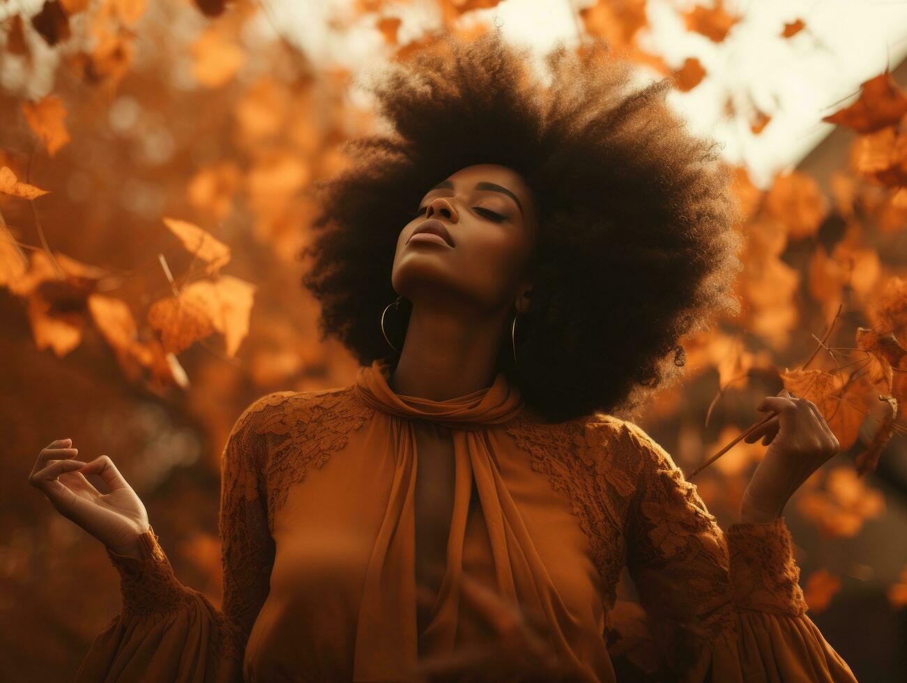 foto di emotivo dinamico posa africano donna nel autunno ai generativo