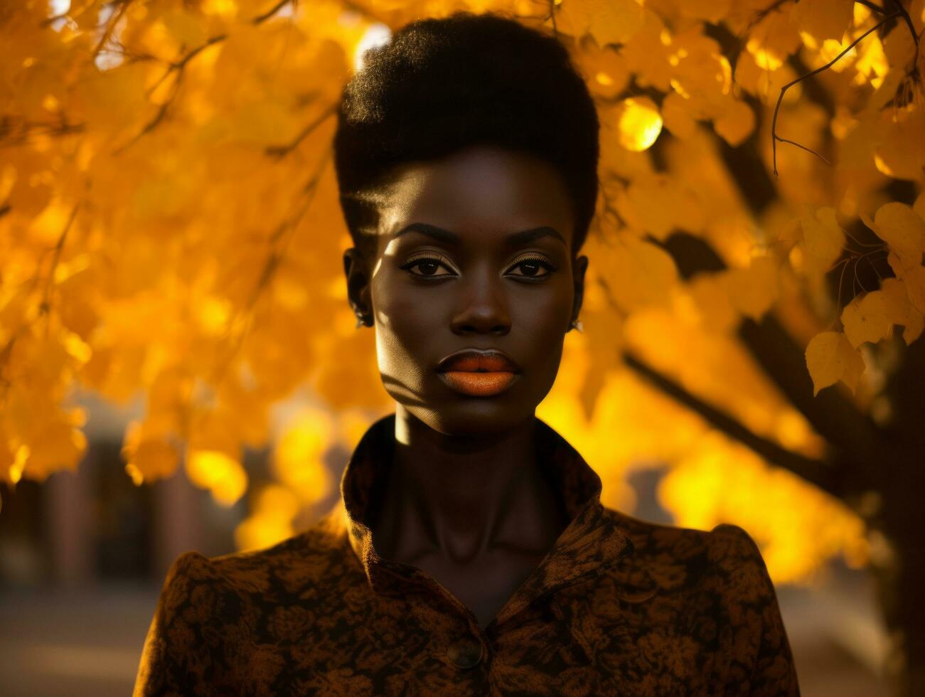 foto di emotivo dinamico posa africano donna nel autunno ai generativo