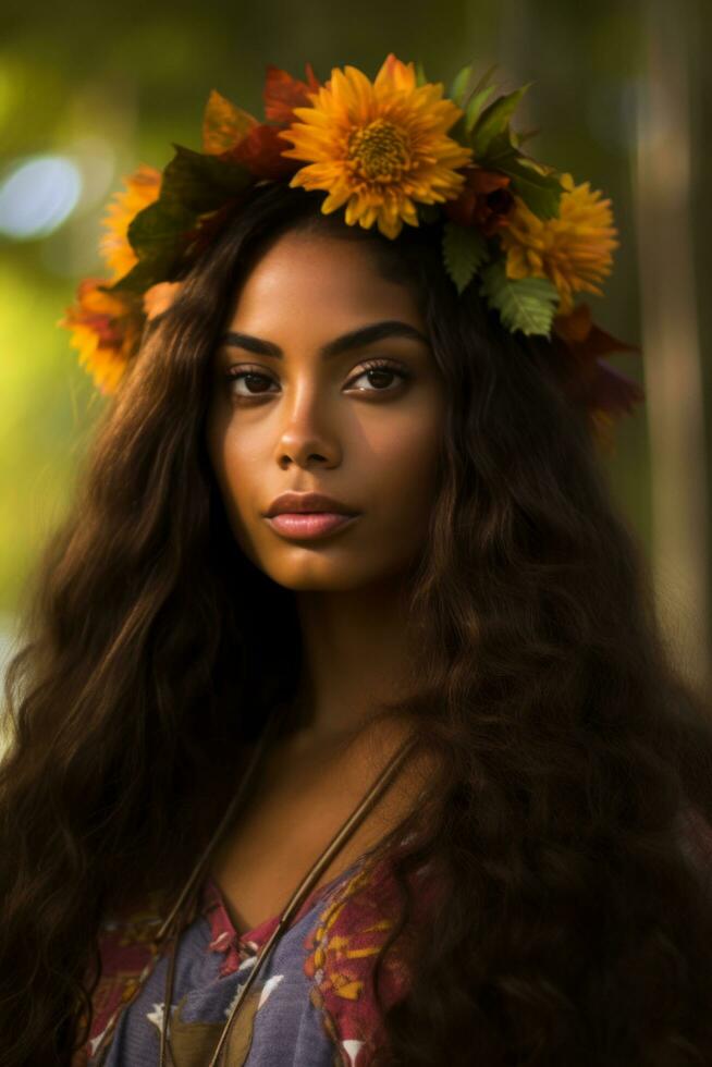 foto di emotivo dinamico posa brasiliano donna nel autunno ai generativo