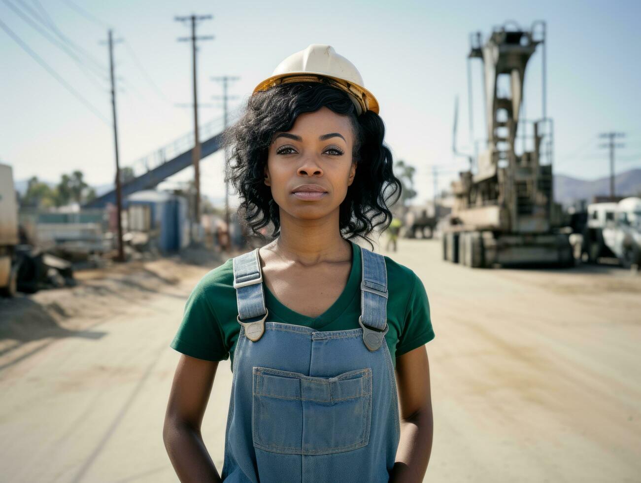 foto tiro di un' naturale donna Lavorando come un' costruzione lavoratore ai generativo