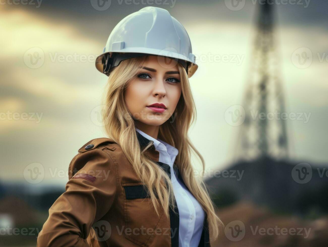 foto tiro di un' naturale donna Lavorando come un' costruzione lavoratore ai generativo