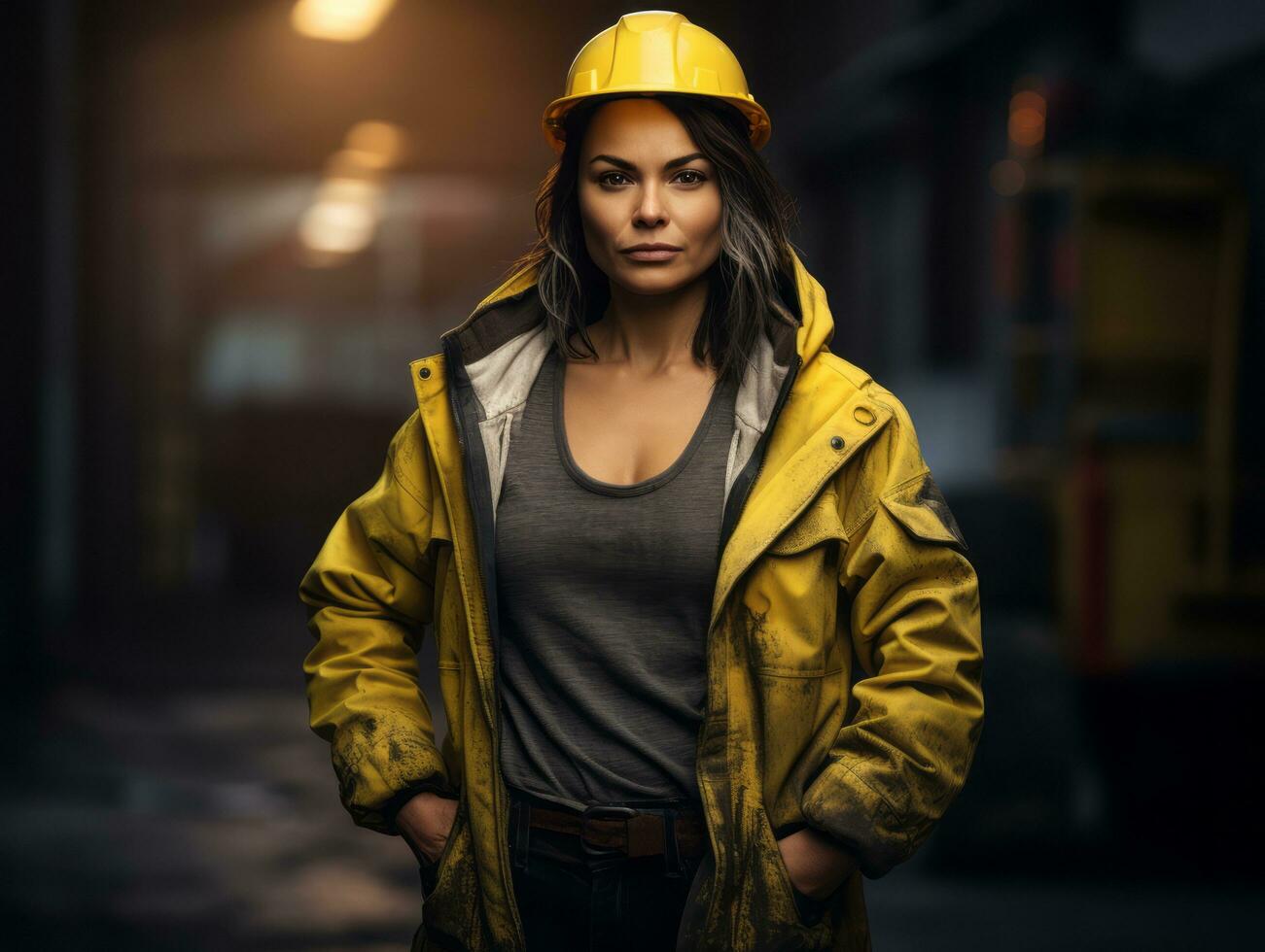 foto tiro di un' naturale donna Lavorando come un' costruzione lavoratore ai generativo